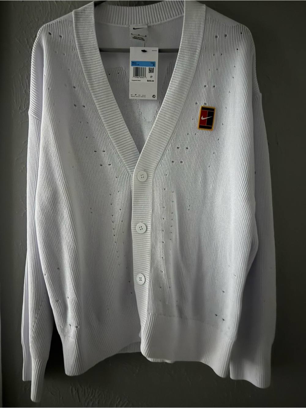 Nike White Button-Front V-Neck Cardigan with Logo Patch